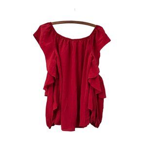Mika Mindel Womens Red Cold Shoulder Ruffle Silk Blouse Size Medium
